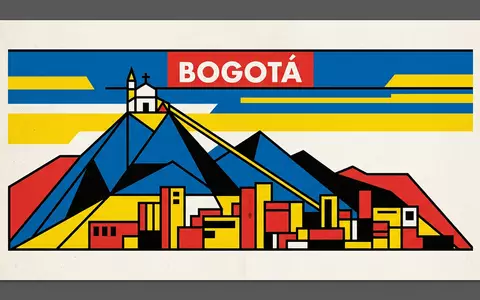 Bauhaus-Poster als geometrische Abstraktion von Monserrate Bogota in Bogota Kolumbien, kraeftige Grundfarben und harte Formkanten - Foto: THN