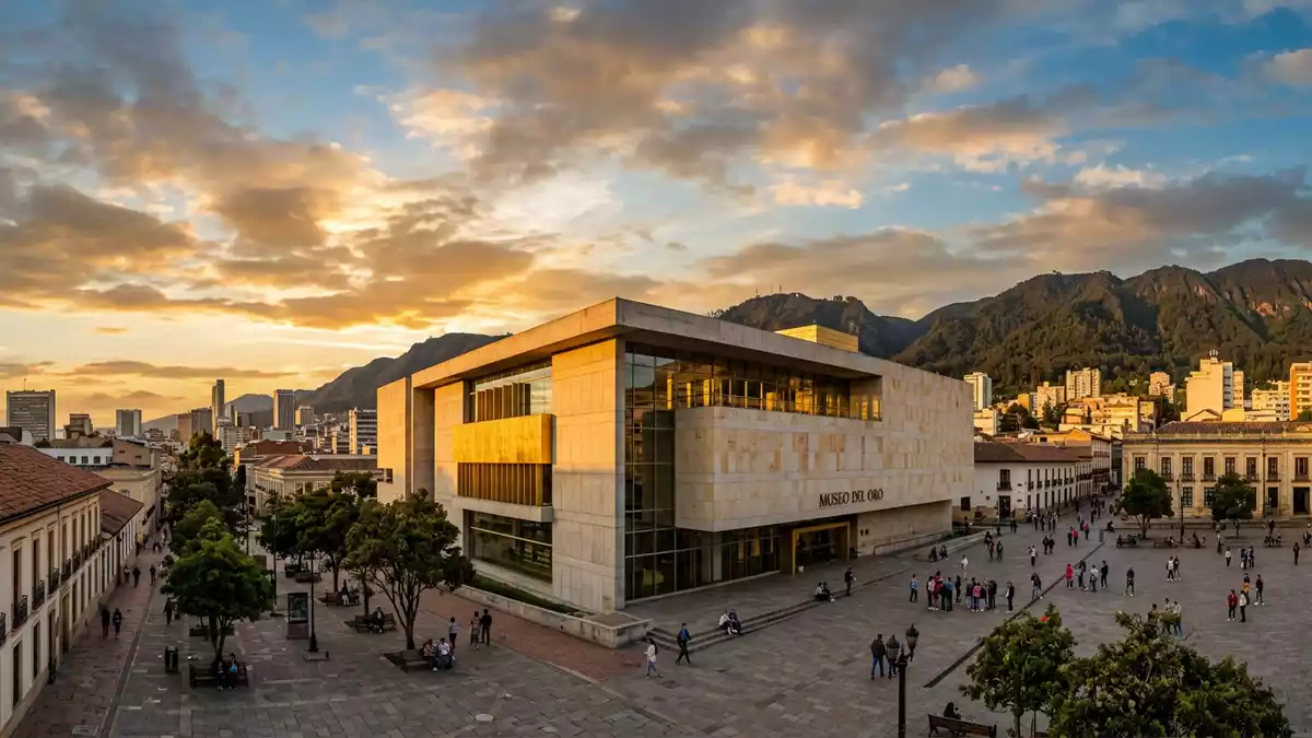 Fotorealistische Ansicht von Goldmuseum Bogota in Bogota, Kolumbien im Abendlicht