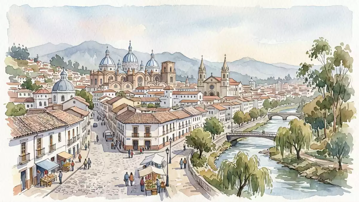 Aquarell-Illustration von Cuenca Altstadt in Cuenca, Ecuador als Reiseposter