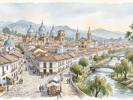 Aquarellillustration des Wahrzeichens Cuenca Altstadt in Cuenca Ecuador, weiche Farbverläufe und pastelliges Reiseposter-Feeling - Foto: THN