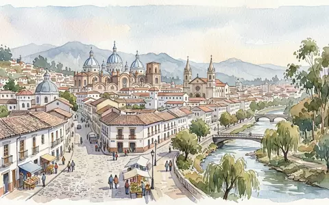 Aquarellillustration des Wahrzeichens Cuenca Altstadt in Cuenca Ecuador, weiche Farbverläufe und pastelliges Reiseposter-Feeling - Foto: THN