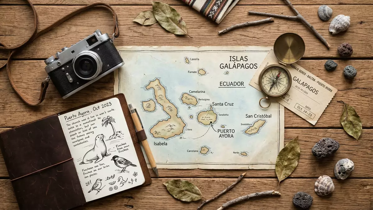Flatlay-Reise-Arrangement rund um Galapagos-Inseln in Puerto Ayora, Ecuador