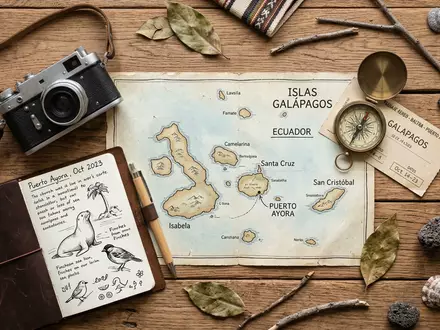 Flatlay-Reise-Arrangement rund um Galapagos-Inseln in Puerto Ayora Ecuador, Karte Kompass Kamera und generische Reiserequisiten - Foto: THN