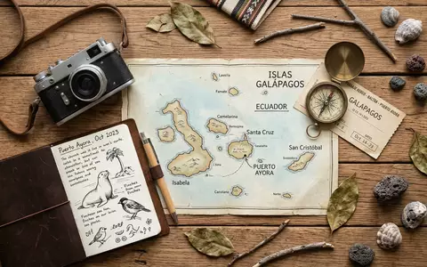 Flatlay-Reise-Arrangement rund um Galapagos-Inseln in Puerto Ayora Ecuador, Karte Kompass Kamera und generische Reiserequisiten - Foto: THN