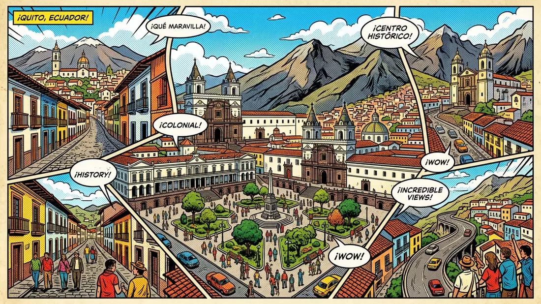 Pop-Art-Comic von Quito Altstadt in Quito, Ecuador mit Rasterpunkten