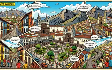 Pop-Art-Comicillustration des Wahrzeichens Quito Altstadt in Quito Ecuador, kraeftige Konturen Rasterpunkte und satte Farben - Foto: THN
