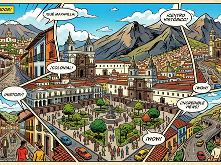 Pop-Art-Comicillustration des Wahrzeichens Quito Altstadt in Quito Ecuador, kraeftige Konturen Rasterpunkte und satte Farben - Foto: THN