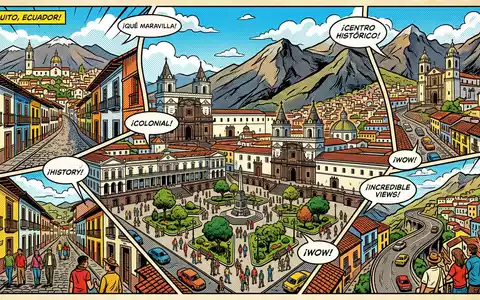 Pop-Art-Comicillustration des Wahrzeichens Quito Altstadt in Quito Ecuador, kraeftige Konturen Rasterpunkte und satte Farben - Foto: THN