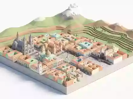 Isometrisches Diorama von Quito Altstadt und Umgebung in Quito Ecuador, verspielte Low-Poly-Kulisse in Pastellfarben - Foto: THN