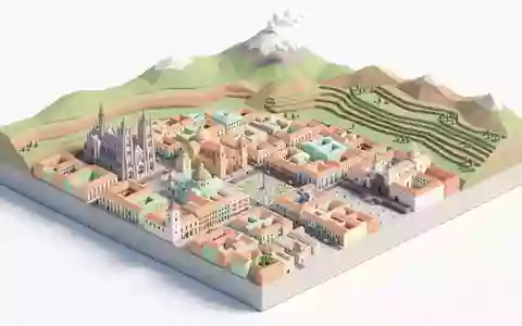 Isometrisches Diorama von Quito Altstadt und Umgebung in Quito Ecuador, verspielte Low-Poly-Kulisse in Pastellfarben - Foto: THN