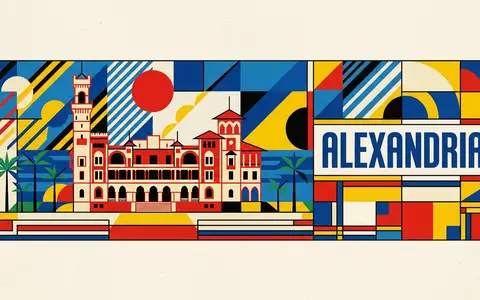 Bauhaus-Poster als geometrische Abstraktion von Montaza-Palast in Alexandria Agypten, kraeftige Grundfarben und harte Formkanten - Foto: THN