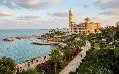 Editorialbild im Reisemagazin-Stil vom Wahrzeichen Montaza-Palast in Alexandria Agypten, ausgewogene Bildgestaltung und natuerliches Umgebungslicht - Foto: THN