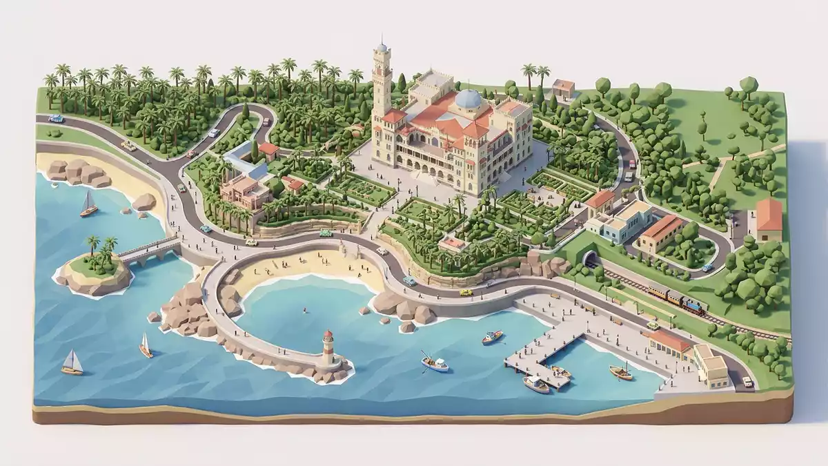 Isometrisches Diorama von Montaza-Palast in Alexandria, Agypten in Pastell