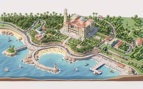 Isometrisches Diorama von Montaza-Palast und Umgebung in Alexandria Agypten, verspielte Low-Poly-Kulisse in Pastellfarben - Foto: THN