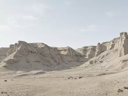Moderner Architektur-Render zeigt Silhouette von Wadi al-Hitan in Fayyum Agypten, klare Linien und neutrales Tageslicht - Foto: THN