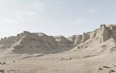 Moderner Architektur-Render zeigt Silhouette von Wadi al-Hitan in Fayyum Agypten, klare Linien und neutrales Tageslicht - Foto: THN