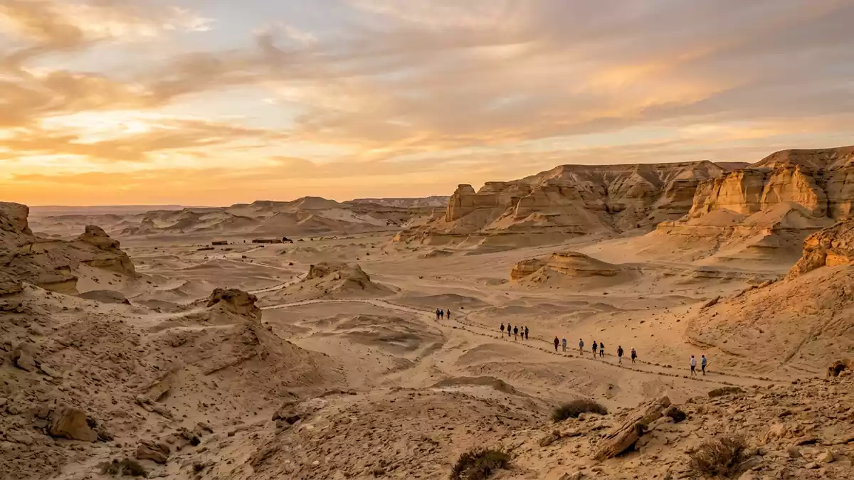 Fotorealistische Ansicht von Wadi al-Hitan in Fayyum, Agypten im Abendlicht