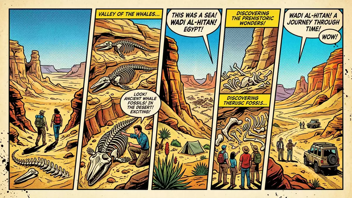 Pop-Art-Comic von Wadi al-Hitan in Fayyum, Agypten mit Rasterpunkten