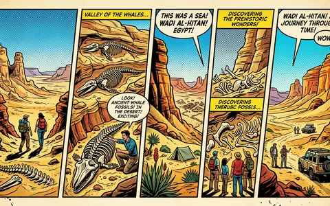 Pop-Art-Comicillustration des Wahrzeichens Wadi al-Hitan in Fayyum Agypten, kraeftige Konturen Rasterpunkte und satte Farben - Foto: THN