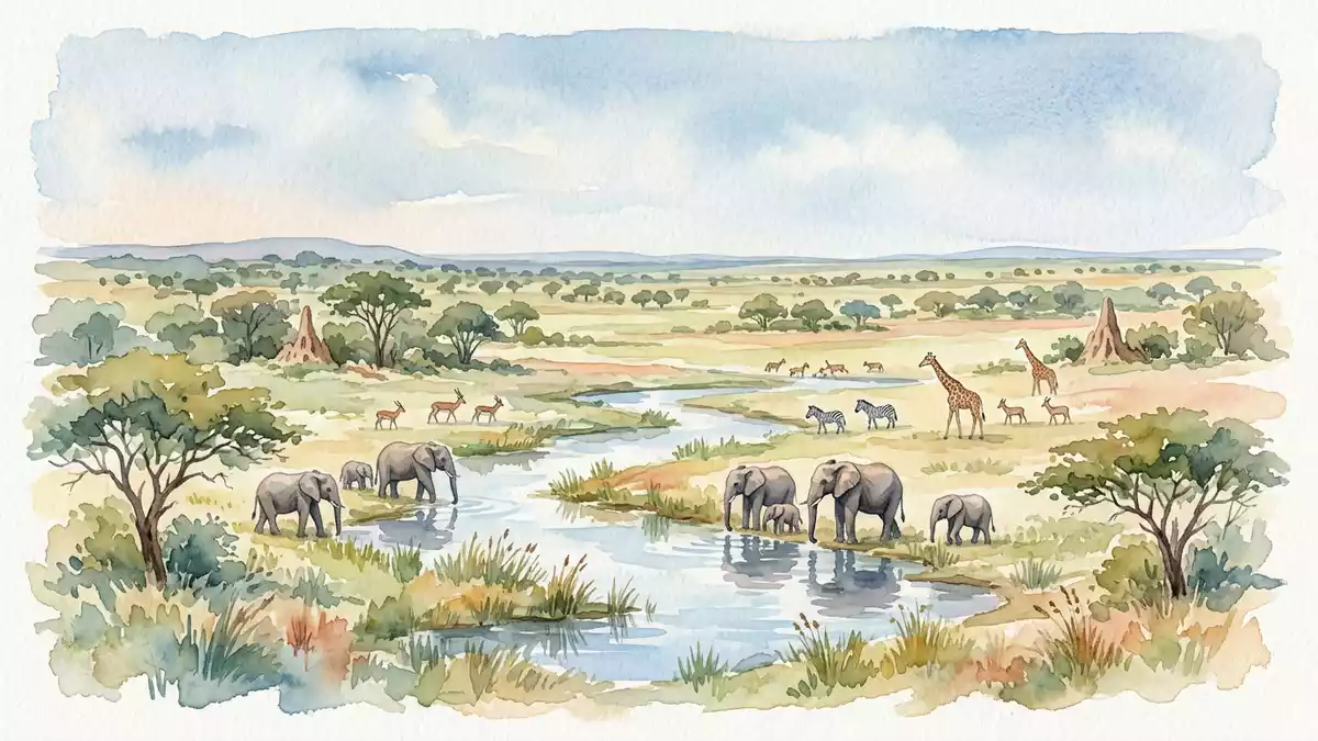 Aquarell-Illustration von Hwange-Nationalpark in Hwange, Simbabwe als Reiseposter