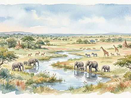 Aquarellillustration des Wahrzeichens Hwange-Nationalpark in Hwange Simbabwe, weiche Farbverläufe und pastelliges Reiseposter-Feeling - Foto: THN