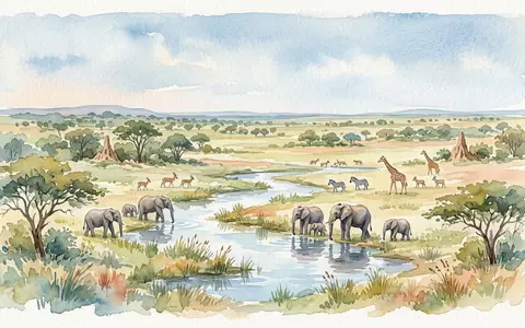 Aquarellillustration des Wahrzeichens Hwange-Nationalpark in Hwange Simbabwe, weiche Farbverläufe und pastelliges Reiseposter-Feeling - Foto: THN