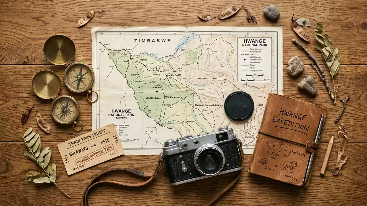 Flatlay-Reise-Arrangement rund um Hwange-Nationalpark in Hwange, Simbabwe