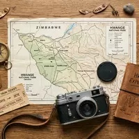 Flatlay-Reise-Arrangement rund um Hwange-Nationalpark in Hwange Simbabwe, Karte Kompass Kamera und generische Reiserequisiten - Foto: THN