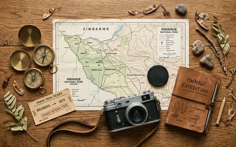 Flatlay-Reise-Arrangement rund um Hwange-Nationalpark in Hwange Simbabwe, Karte Kompass Kamera und generische Reiserequisiten - Foto: THN