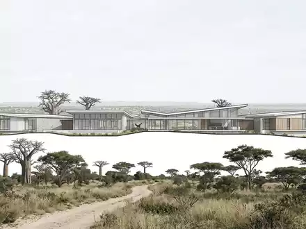 Moderner Architektur-Render zeigt Silhouette von Hwange-Nationalpark in Hwange Simbabwe, klare Linien und neutrales Tageslicht - Foto: THN