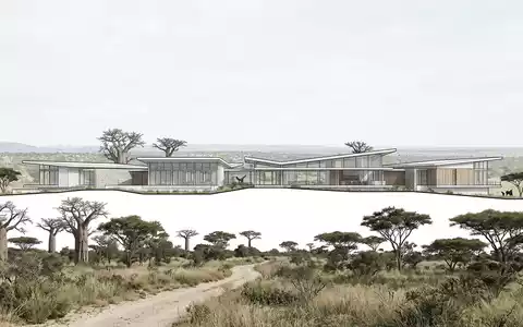 Moderner Architektur-Render zeigt Silhouette von Hwange-Nationalpark in Hwange Simbabwe, klare Linien und neutrales Tageslicht - Foto: THN