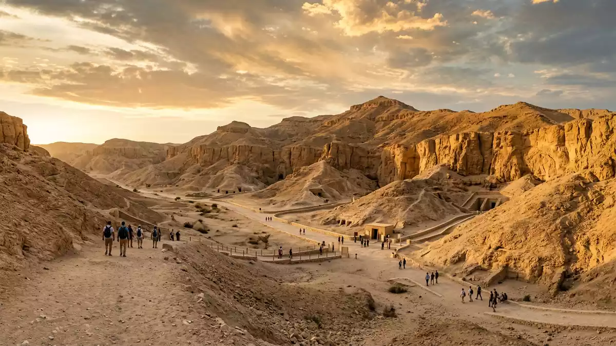 Fotorealistische Ansicht von Tal der Koniginnen in Luxor, Agypten im Abendlicht
