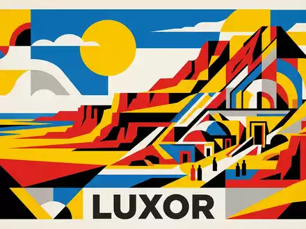 Bauhaus-Poster als geometrische Abstraktion von Tal der Koniginnen in Luxor Agypten, kraeftige Grundfarben und harte - Foto: THN