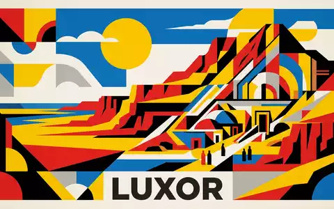 Bauhaus-Poster als geometrische Abstraktion von Tal der Koniginnen in Luxor Agypten, kraeftige Grundfarben und harte - Foto: THN
