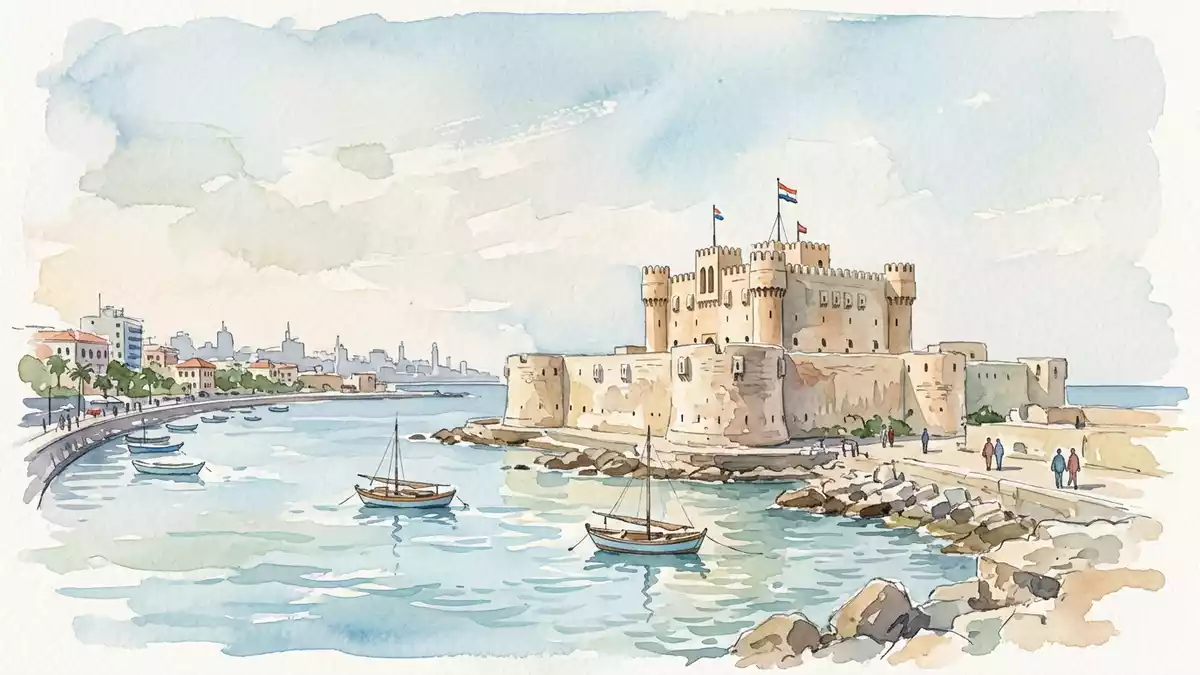 Aquarell-Illustration von Qaitbay-Zitadelle in Alexandria, Agypten als Reiseposter