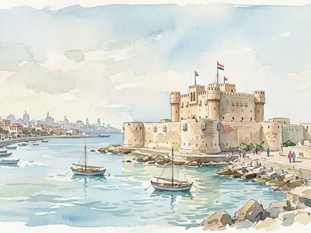 Aquarellillustration des Wahrzeichens Qaitbay-Zitadelle in Alexandria Agypten, weiche Farbverläufe und pastelliges Reiseposter-Feeling - Foto: THN