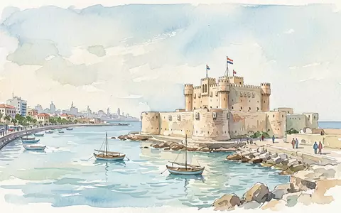 Aquarellillustration des Wahrzeichens Qaitbay-Zitadelle in Alexandria Agypten, weiche Farbverläufe und pastelliges Reiseposter-Feeling - Foto: THN