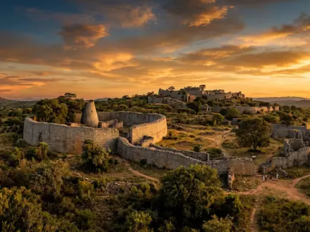 Fotorealistische Panoramaaufnahme von Gross-Simbabwe in Masvingo Simbabwe, warmes Abendlicht auf Wahrzeichen im Reisemotiv - Foto: THN