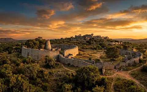 Fotorealistische Panoramaaufnahme von Gross-Simbabwe in Masvingo Simbabwe, warmes Abendlicht auf Wahrzeichen im Reisemotiv - Foto: THN