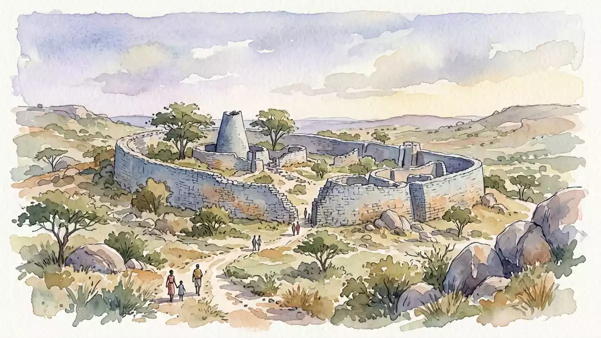Aquarell-Illustration von Gross-Simbabwe in Masvingo, Simbabwe als Reiseposter