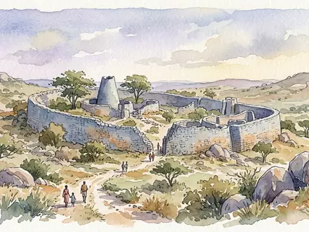 Aquarellillustration des Wahrzeichens Gross-Simbabwe in Masvingo Simbabwe, weiche Farbverläufe und pastelliges Reiseposter-Feeling - Foto: THN