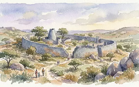 Aquarellillustration des Wahrzeichens Gross-Simbabwe in Masvingo Simbabwe, weiche Farbverläufe und pastelliges Reiseposter-Feeling - Foto: THN