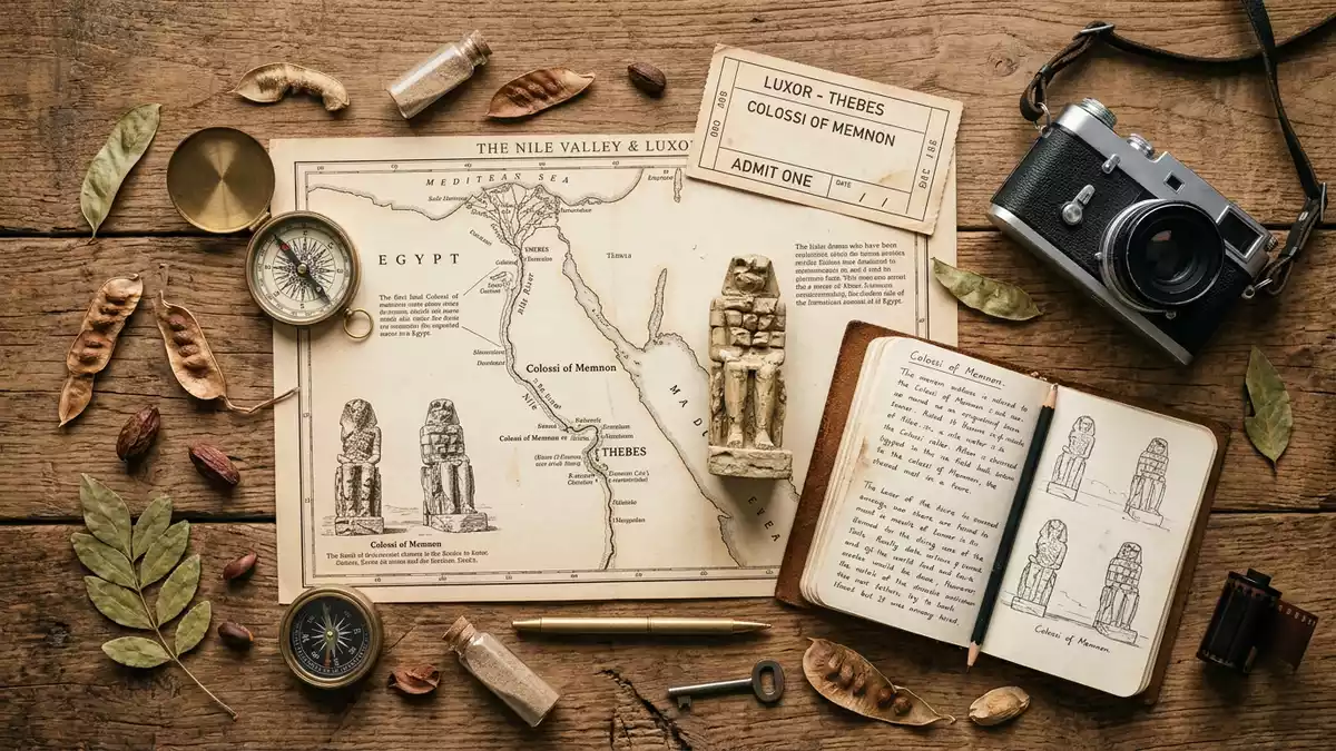 Flatlay-Reise-Arrangement rund um Memnonkolosse in Luxor, Agypten