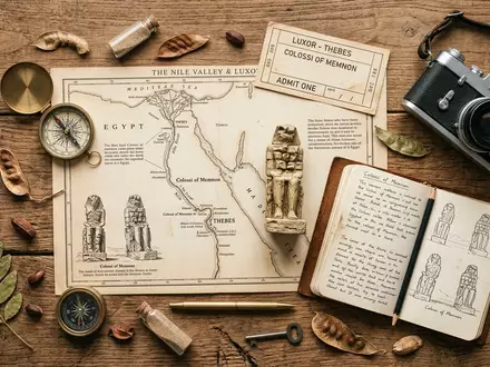 Flatlay-Reise-Arrangement rund um Memnonkolosse in Luxor Agypten, Karte Kompass Kamera und generische Reiserequisiten - Foto: THN