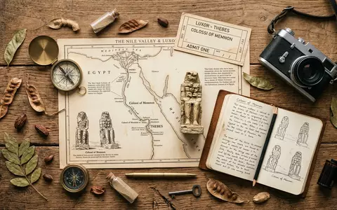 Flatlay-Reise-Arrangement rund um Memnonkolosse in Luxor Agypten, Karte Kompass Kamera und generische Reiserequisiten - Foto: THN