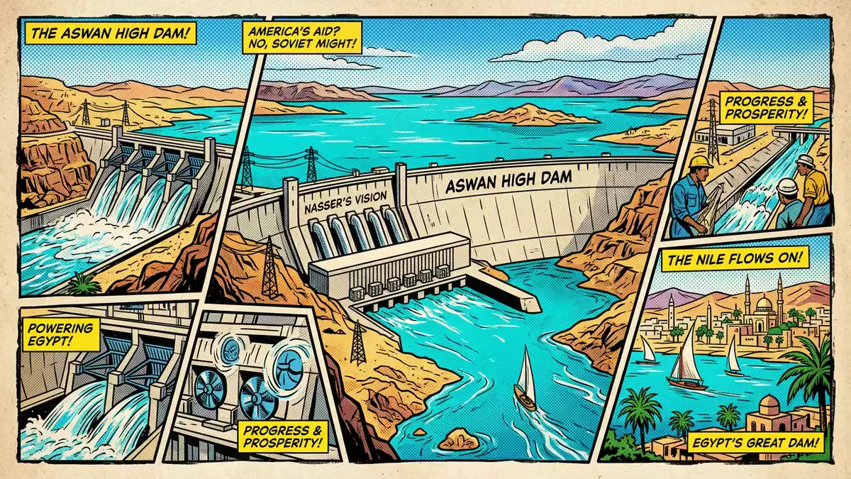Pop-Art-Comic von Assuan-Staudamm in Assuan, Agypten mit Rasterpunkten