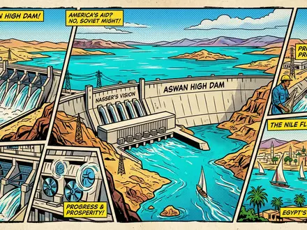 Pop-Art-Comicillustration des Wahrzeichens Assuan-Staudamm in Assuan Agypten, kraeftige Konturen Rasterpunkte und satte Farben - Foto: THN