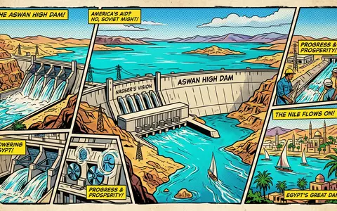 Pop-Art-Comicillustration des Wahrzeichens Assuan-Staudamm in Assuan Agypten, kraeftige Konturen Rasterpunkte und satte Farben - Foto: THN