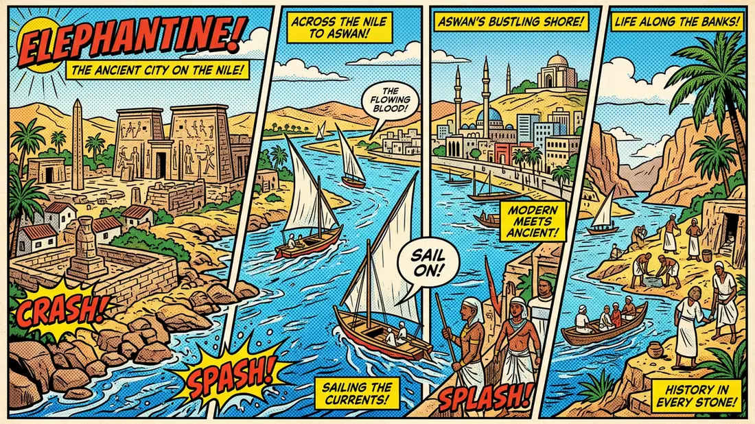 Pop-Art-Comic von Elephantine-Insel in Assuan, Agypten mit Rasterpunkten
