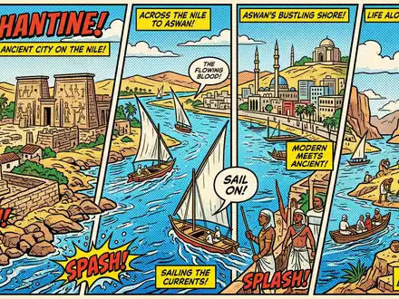 Pop-Art-Comicillustration des Wahrzeichens Elephantine-Insel in Assuan Agypten, kraeftige Konturen Rasterpunkte und satte Farben - Foto: THN